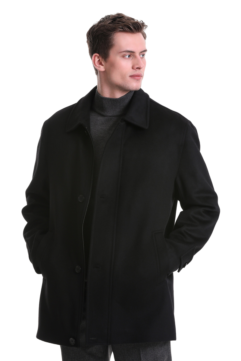 Siyah Regular Fit Bebe Yaka Yünlü Basic Kaban - Hatemoğlu (1)