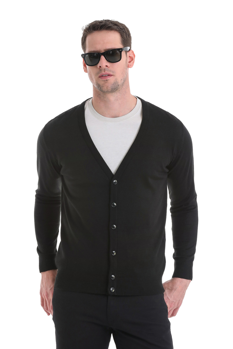 Siyah Regular Fit Düğmeli Triko Hırka - Hatemoğlu