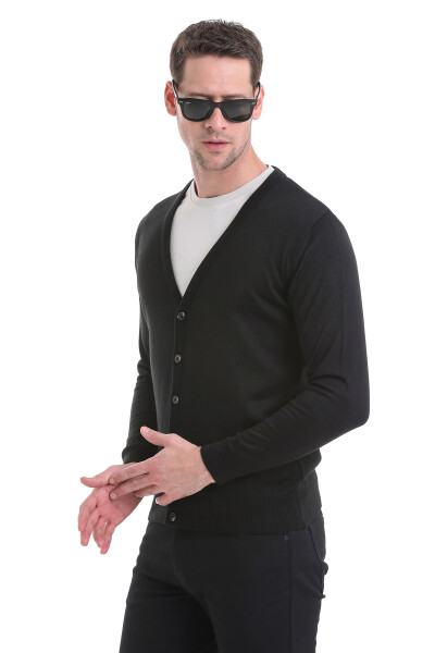 Siyah Regular Fit Düğmeli Triko Hırka - 3