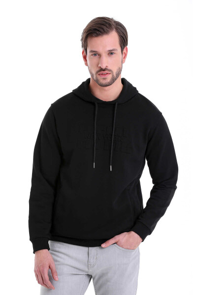 Siyah Regular Fit Pamuklu Kapüşonlu Kanguru Cepli Sweatshirt 