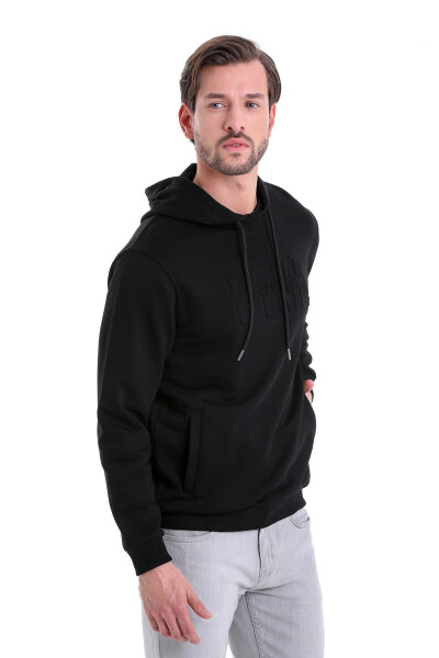 Siyah Regular Fit Pamuklu Kapüşonlu Kanguru Cepli Sweatshirt - 2