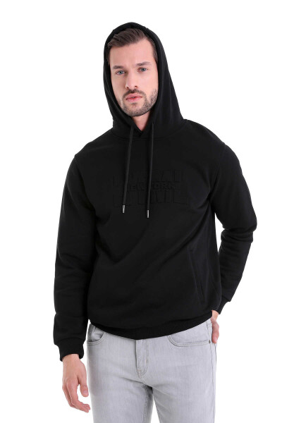 Siyah Regular Fit Pamuklu Kapüşonlu Kanguru Cepli Sweatshirt - 3