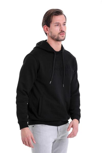 Siyah Regular Fit Pamuklu Kapüşonlu Kanguru Cepli Sweatshirt - 4