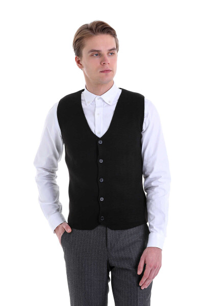 Siyah Comfort Fit V Yaka Yünlü Klasik Triko Yelek - 2