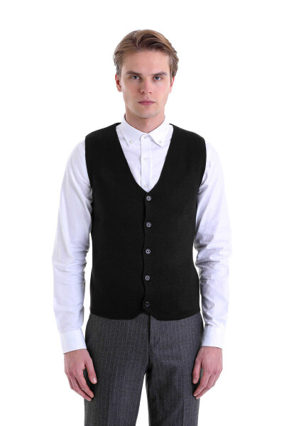 Siyah Comfort Fit V Yaka Yünlü Klasik Triko Yelek - 3