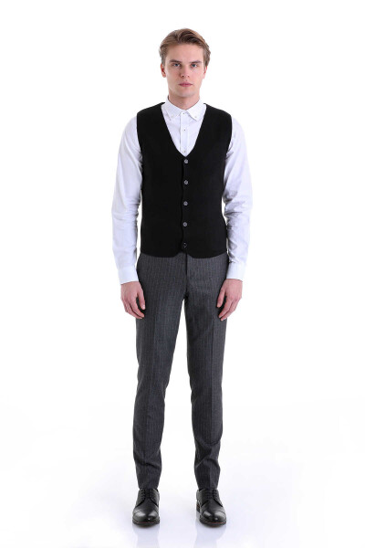 Siyah Comfort Fit V Yaka Yünlü Klasik Triko Yelek - 4