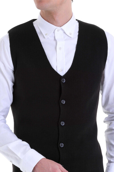 Siyah Comfort Fit V Yaka Yünlü Klasik Triko Yelek - 5