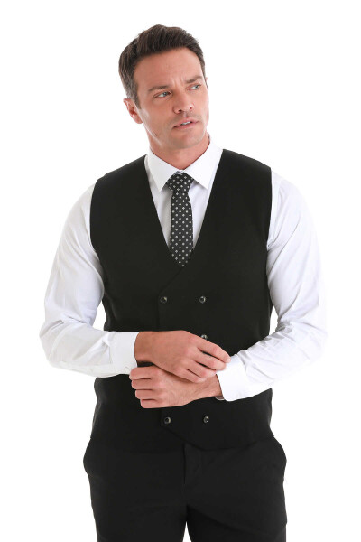 Siyah Regular Fit Kruvaze Triko Yelek - 4