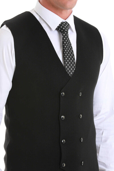 Siyah Regular Fit Kruvaze Triko Yelek - 5