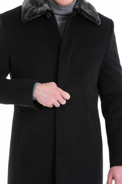 Siyah Slim Fit Bebe Yaka Yünlü Kürklü Kaşe Palto - 5