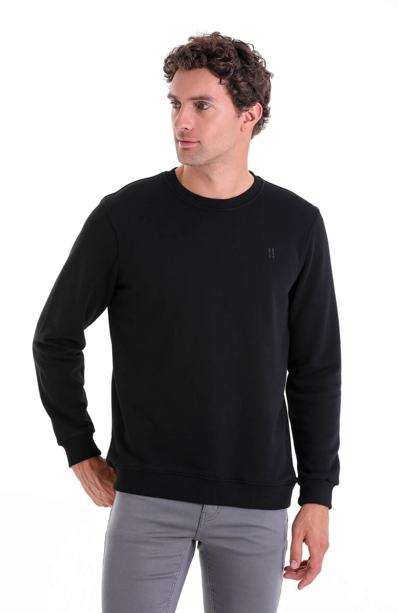 Siyah Regular Fit Düz Pamuklu Bisiklet Yaka Sweatshirt - Hatemoğlu (1)