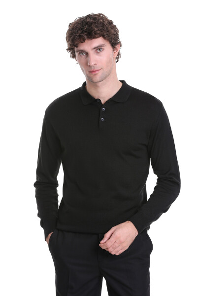 Siyah Regular Fit Polo Yaka Triko Kazak - 3