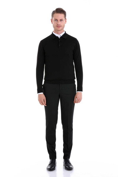 Siyah Comfort Fit Polo Yaka Yünlü Kazak - 3