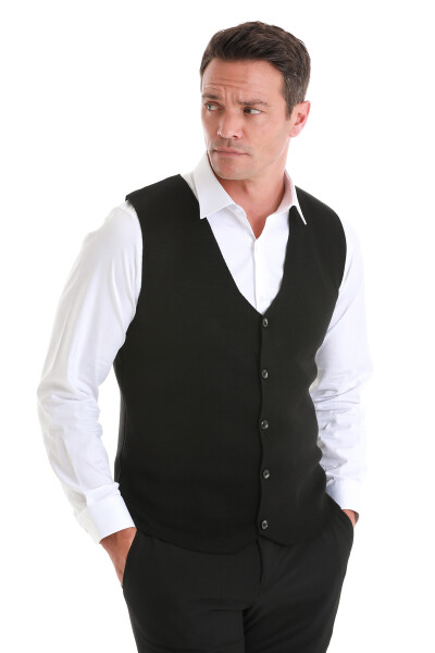 Siyah Regular Fit V Yaka Triko Yelek - 4