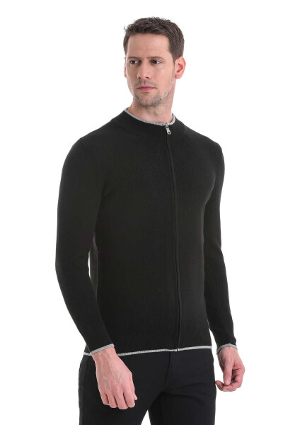 Siyah Regular Fit Yarım Balıkçı Yaka Fermuarlı Triko Hırka - 3