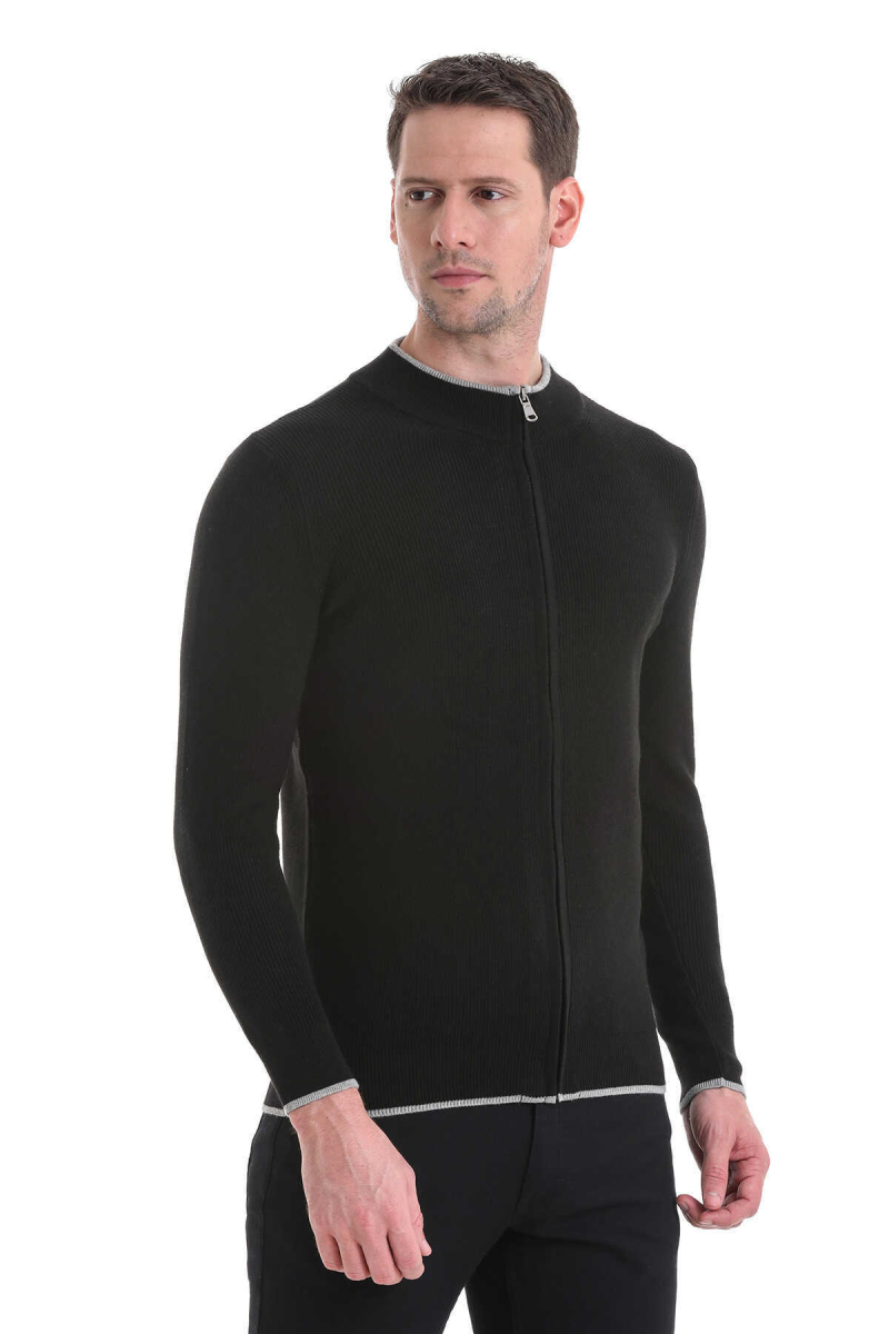 Siyah Regular Fit Yarım Balıkçı Yaka Fermuarlı Triko Hırka - Hatem Saykı (1)