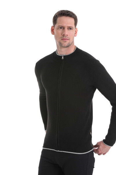 Siyah Regular Fit Yarım Balıkçı Yaka Fermuarlı Triko Hırka - 4