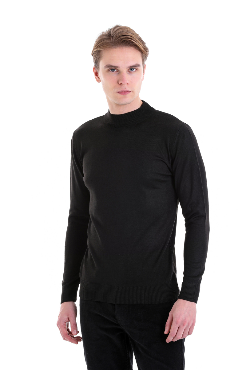 Siyah Comfort Fit Yarım Balıkçı Yaka Yünlü Kazak - Hatemoğlu