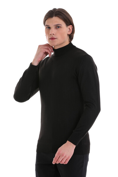 Siyah Regular Fit Yarım Balıkçı Yaka Yünlü Triko Kazak - 3