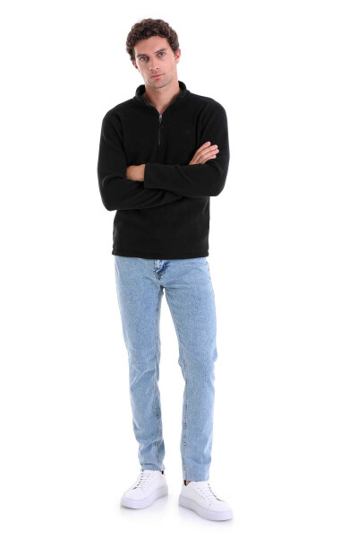 Siyah Regular Fit Tüylenme Yapmayan Soğuk Geçirmez Yarım Fermuarlı Polar Sweatshirt - 4