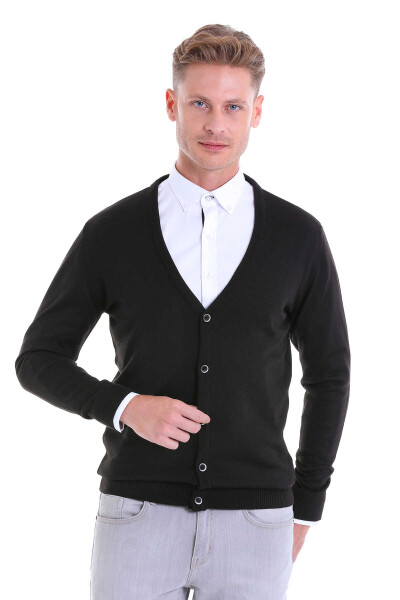 Siyah Comfort Fit V Yaka Yünlü Triko Hırka - 2