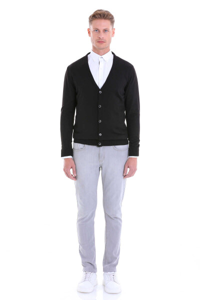 Siyah Comfort Fit V Yaka Yünlü Triko Hırka - 4
