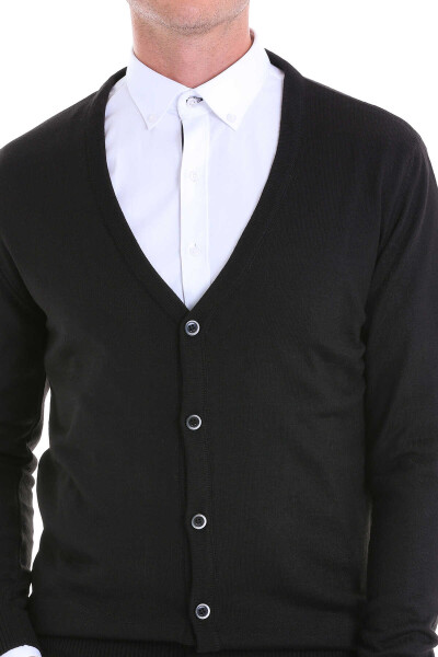 Siyah Comfort Fit V Yaka Yünlü Triko Hırka - 5