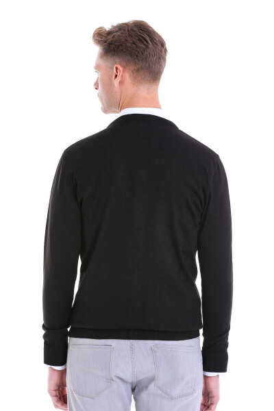 Siyah Comfort Fit V Yaka Yünlü Triko Hırka - 6