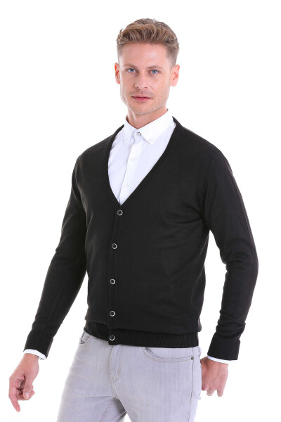 Siyah Comfort Fit V Yaka Yünlü Triko Hırka - 3