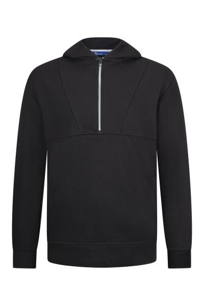 Siyah Regular Fit Fermuarlı Kapüşonlu Sweatshirt 