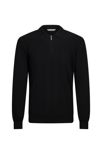 Siyah Regular Fit Fermuarlı Polo Yaka Rayon Triko Kazak 