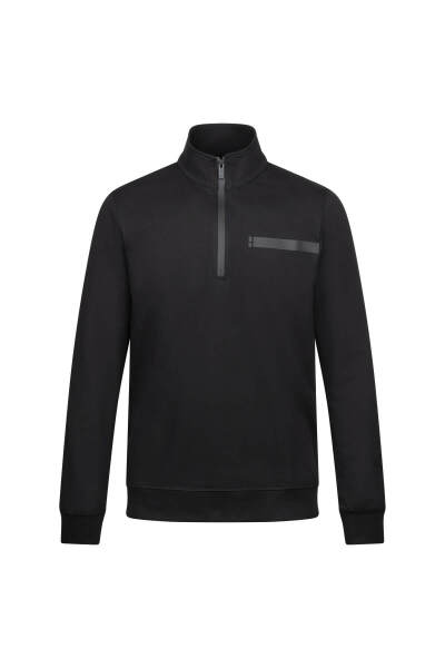Siyah Regular Fit Fermuarlı Yarım Balıkçı Yaka Pamuklu Sweatshirt 