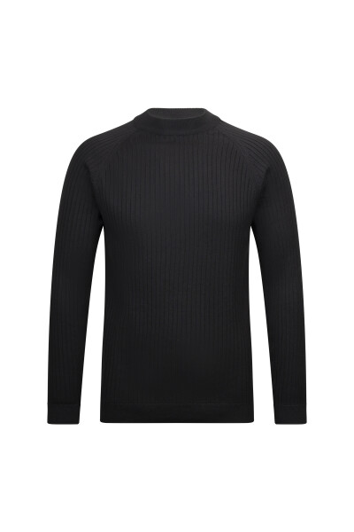 Siyah Regular Fit Fitilli Çeyrek Balıkçı Yaka Pamuklu Triko Kazak 