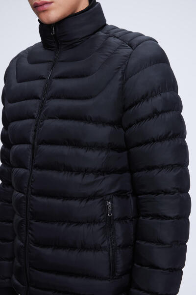 Siyah Regular Fit Hakim Yaka Şişme Mont - 3