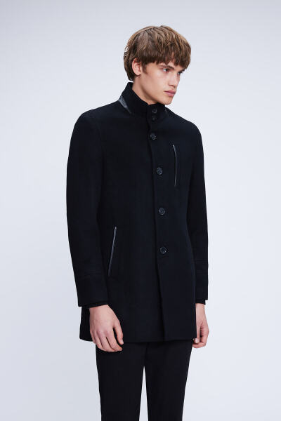Siyah Regular Fit Hakim Yaka Yünlü Kaşe Palto - 1