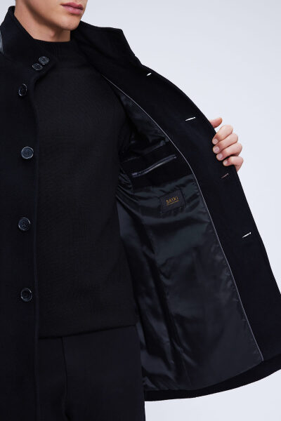 Siyah Regular Fit Hakim Yaka Yünlü Kaşe Palto - 4