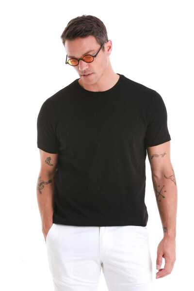 Siyah Regular Fit Jakarlı Bisiklet Yaka Tişört - 3