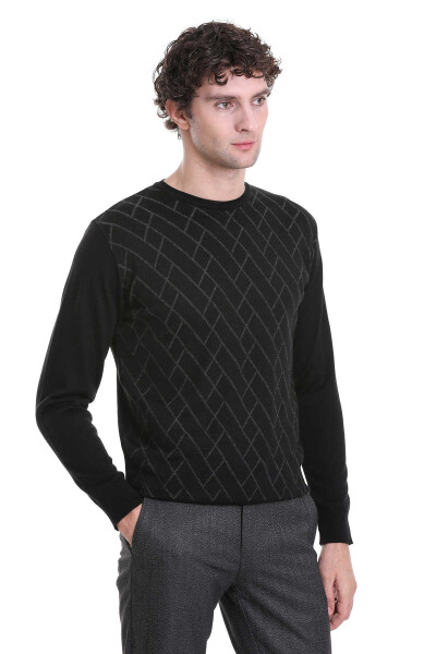 Siyah Regular Fit Jakarlı Bisiklet Yaka Yünlü Triko Kazak - 3