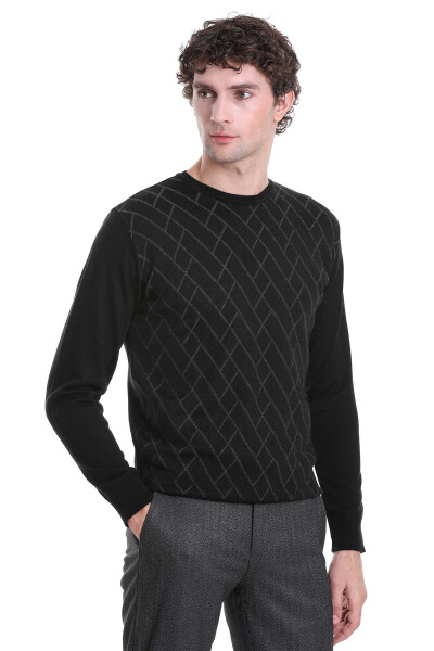 Siyah Regular Fit Jakarlı Bisiklet Yaka Yünlü Triko Kazak - 4