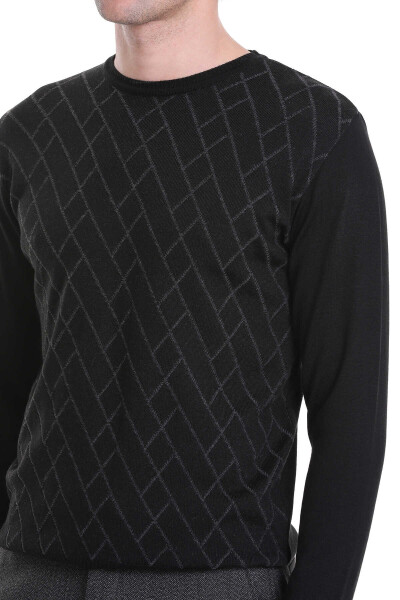 Siyah Regular Fit Jakarlı Bisiklet Yaka Yünlü Triko Kazak - 5