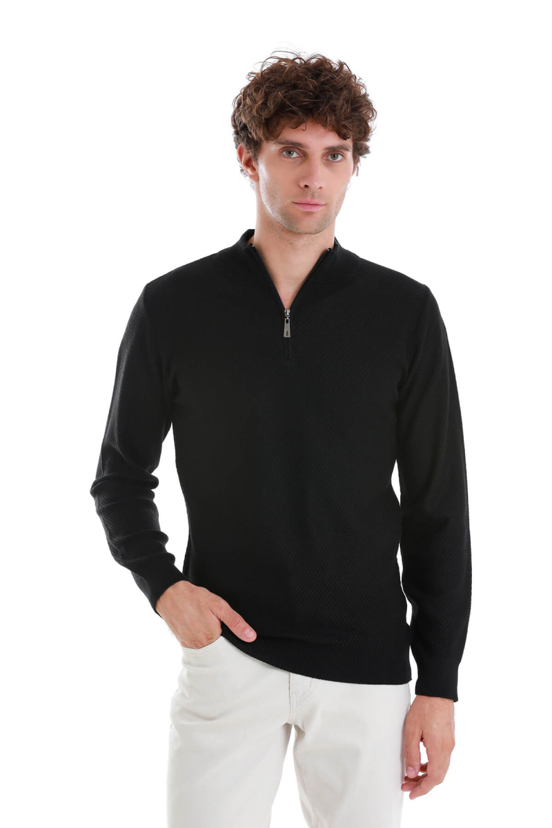 Siyah Regular Fit Jakarlı Yarım Balıkçı Yaka Fermuarlı Yünlü Triko Kazak - Hatemoğlu