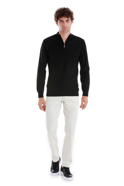 Siyah Regular Fit Jakarlı Yarım Balıkçı Yaka Fermuarlı Yünlü Triko Kazak - 2