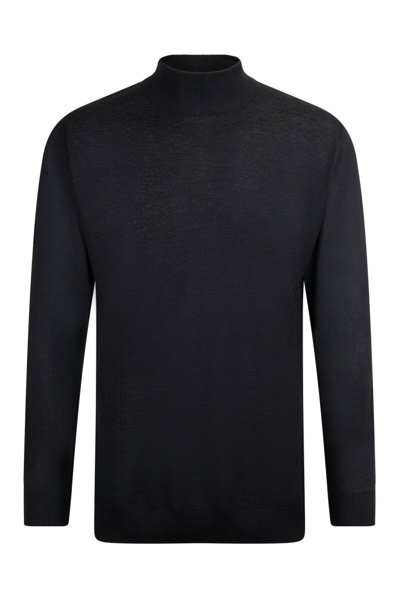 Siyah Regular Fit Jakarlı Yarım Balıkçı Yaka Yünlü Kazak - Hatemoğlu