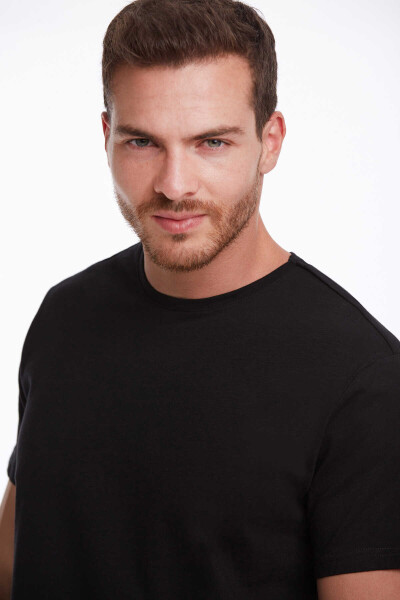 Siyah Regular Düz 100% Pamuk Bisiklet Yaka Tişört - 5