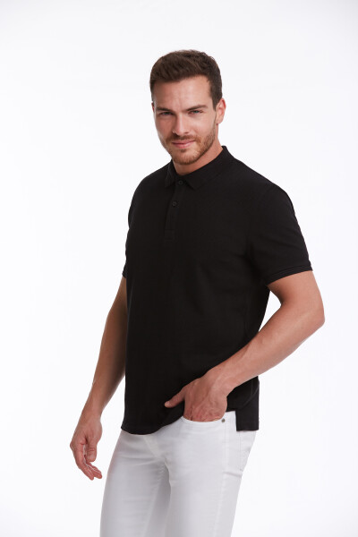 Siyah Regular Fit Petek Pamuklu Polo Yaka Tişört - 3