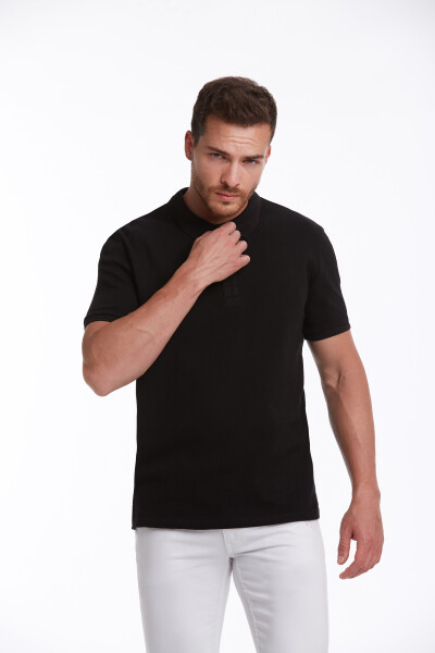Siyah Regular Fit Petek Pamuklu Polo Yaka Tişört - 4