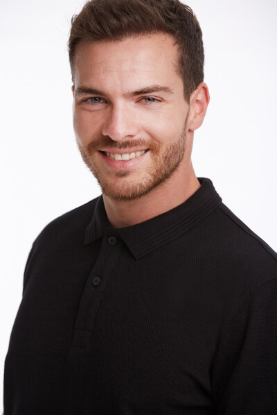 Siyah Regular Fit Petek Pamuklu Polo Yaka Tişört - 7