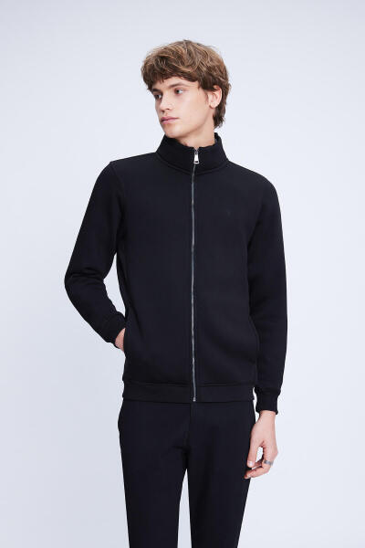 Siyah Regular Fit Pamuklu Tam Boy Fermuarlı Sweatshirt - HTML
