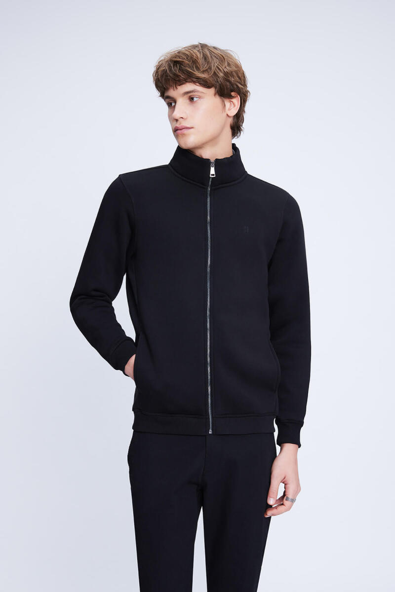 Siyah Regular Fit Pamuklu Tam Boy Fermuarlı Sweatshirt - HTML