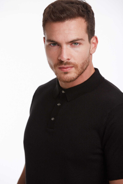 Siyah Regular Fit jakarlı Pamuklu Polo Yaka Triko Tişört - 5